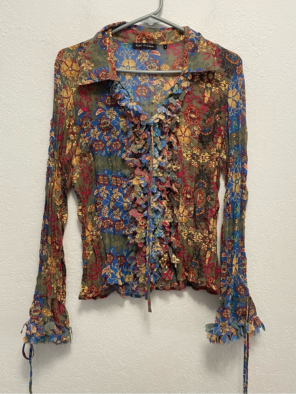 Vintage Ruffle Floral Boho Whimsigoth Y2k 90s Button Down Blouse Large